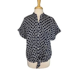 CHARTER CLUB Linen Blue White Geometric Print Blouse Large Tie Front Button Up